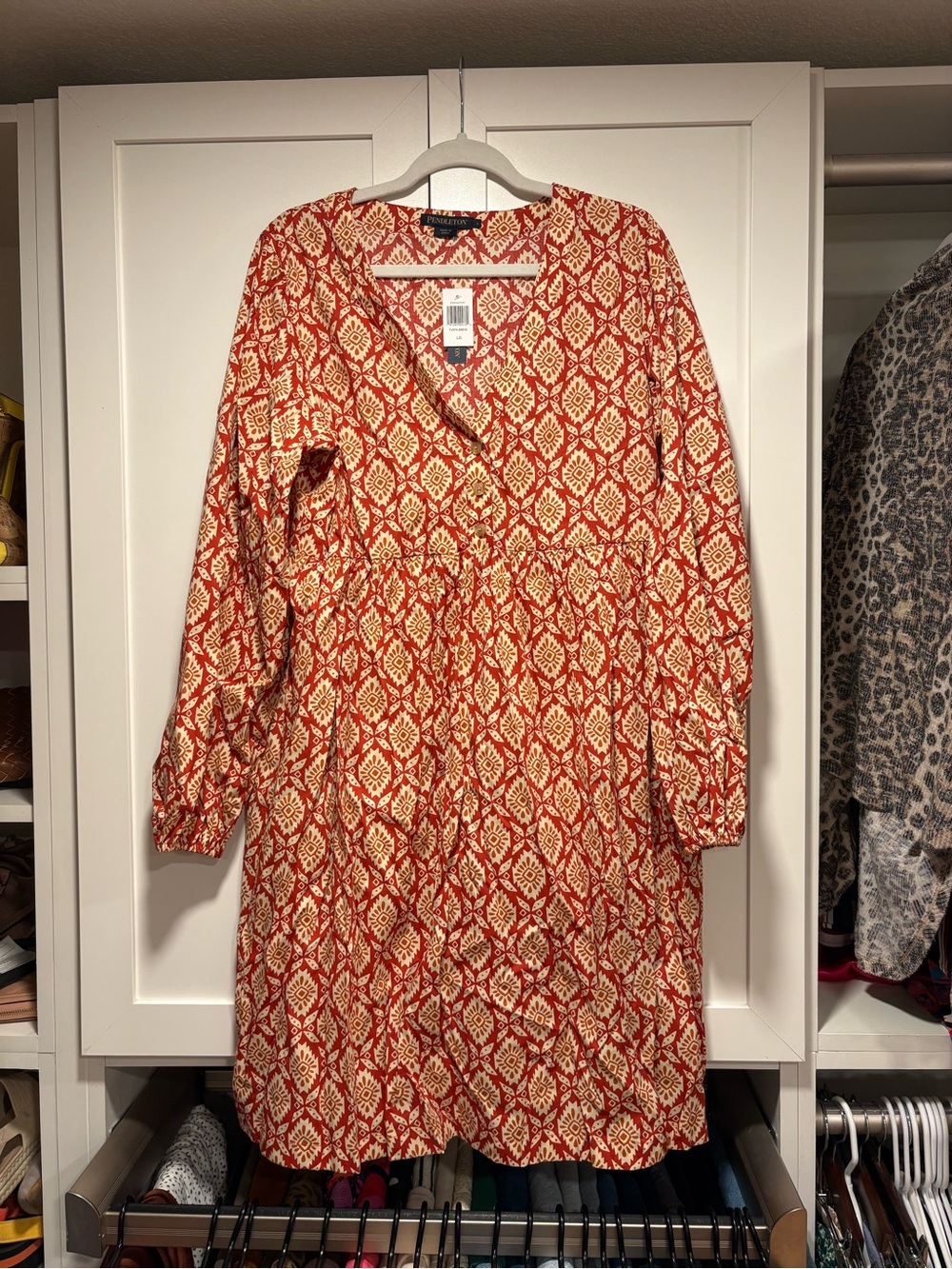 Pendleton Red and Cream Printed V-Neck Long Sleeve Dress